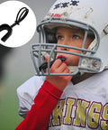 Child wearing helmet using 20 Pack Football Mouth Guards With Strap Black Adult Size Bulk Mouthpieces For Football, Durable Protector