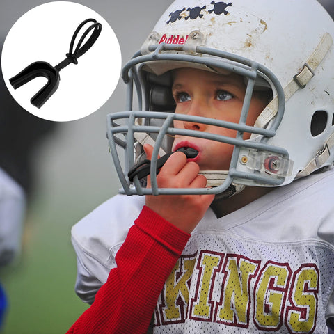 Child wearing helmet using 20 Pack Football Mouth Guards With Strap Black Adult Size Bulk Mouthpieces For Football, Durable Protector