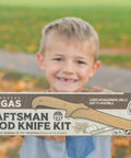 Child holding DIY Wooden Knife Making Kit For Kids Teens And Adults - Real Wood Craft Gift with packaging showing contents