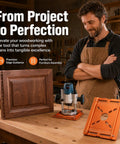 Pro Level Aluminum Router Base Plate With Dual Scale Precision Markers Durable Build Supports Trim Router Table Inserts Easy Adjust Fence Helps You Nail Grooving And Edge Trimming Projects Without Any Guesswork Today displayed with a router and wooden project.