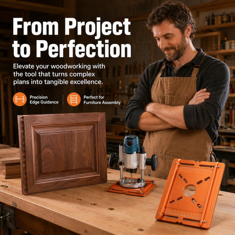 Pro Level Aluminum Router Base Plate With Dual Scale Precision Markers Durable Build Supports Trim Router Table Inserts Easy Adjust Fence Helps You Nail Grooving And Edge Trimming Projects Without Any Guesswork Today displayed with a router and wooden project.