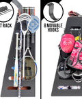Premium Wooden Gear Organizer With Storage Hooks And Golf Bag Rack, Multi Sport Ball Bin For Garage, front view with sports gear