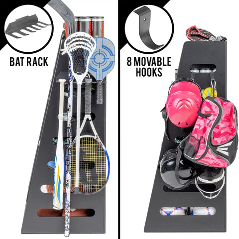 Premium Wooden Gear Organizer With Storage Hooks And Golf Bag Rack, Multi Sport Ball Bin For Garage, front view with sports gear