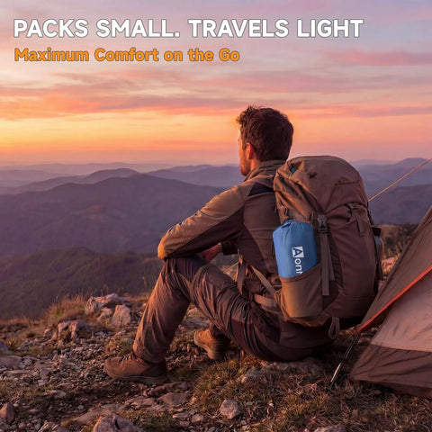 Hiker with backpack and Ultralight Camping Sleeping Pad With Built In Pillow And Foot Pump 5 Inch Thick Inflatable Mat at sunset campsite