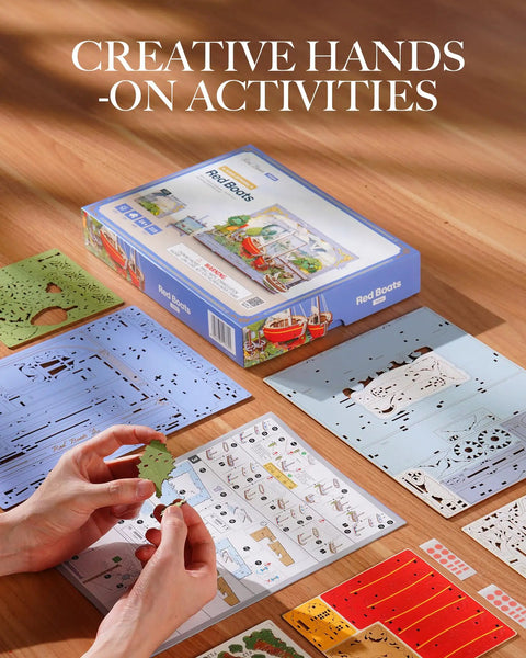 Monet Red Boats 3D Wooden Puzzle Kit For Adults With LED Light DIY Wall Art Craft Set Home Decor Dope Mindful Creative Gift For Christmas And Seasonal Decor; wooden puzzle pieces and instruction sheet on table