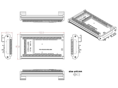 DIN Rail Mount Screw Terminal Block Adapter Module For Arduino Mega 2560 R3, 3.81mm Pitch, detailed technical drawing