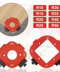 Heavy Duty Aluminum Router Corner Radius Template Kit Including Eight Radius Measurement Options For Butter Smooth Woodworking Edge Profiling And Router Table Jig Setup That Guarantees Zero Headaches, featuring R10, R15, R20, R25, R30, R35, R40, R50 sizes.