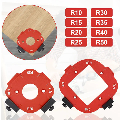 Heavy Duty Aluminum Router Corner Radius Template Kit Including Eight Radius Measurement Options For Butter Smooth Woodworking Edge Profiling And Router Table Jig Setup That Guarantees Zero Headaches, featuring R10, R15, R20, R25, R30, R35, R40, R50 sizes.