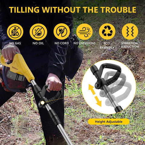 21V Cordless Tiller Cultivator With Two 3.0Ah Batteries And Fast Charger 9 Inch Tilling Width Battery Powered Rototiller in use