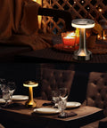 Portable LED Table Lamp With Touch Sensor, Three Level Brightness, on outdoor patio and dining table, Sleek Silver