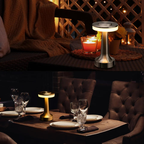 Portable LED Table Lamp With Touch Sensor, Three Level Brightness, on outdoor patio and dining table, Sleek Silver