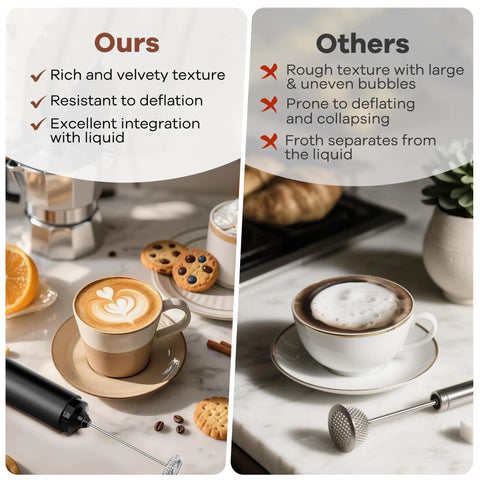 Rechargeable Milk Frother Handheld Wand creating rich foam on coffee compared to a less effective whisk with uneven froth.