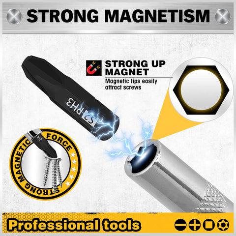 Close-up of a magnetic screwdriver bit attracting screws, highlighting strong magnetism in the 26 Piece Tough As Nails Magnetic Screwdriver Bit Set Cr V Steel T5 T40