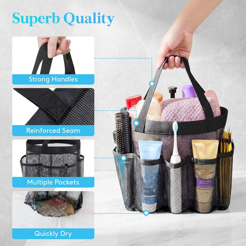 Hand holding Dope Portable Mesh Shower Caddy With Seven Pockets, Freestanding Dorm Organizer Bag For Camping, Beach, And Travel