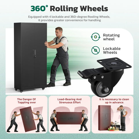 73 Inch Rolling Storage Cabinet With Locking Doors And Four Adjustable Shelves, heavy duty metal, shown with 360-degree wheels