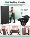 Heavy Duty 73 Inch Metal Storage Cabinet On Wheels With Locking Doors And Four Adjustable Shelves, showing rotating wheels