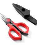 Heavy Duty 6 Inch Electrician Scissors With Micro Serrated Edge For Precise Stripping Network Cables Fiber Optics No Slip Wire Cutter Snips Pro Grade Tradesman Toolkit Essential with red and black grips.