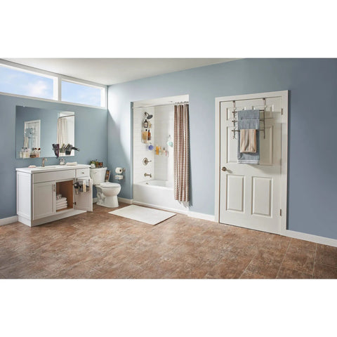 Bathroom with Over The Door Towel Rack With 3 Tier Hooks In Nickel Finish holding towels; space saving storage solution.