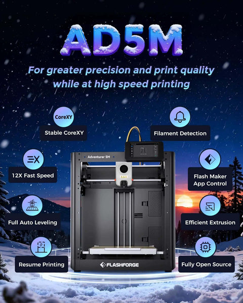 Adventurer 5M 3D Printer With Auto Leveling, Core XY Drive, 600mm/s Max Speed, shown with features highlighted