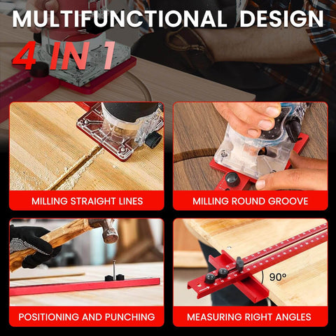 All In One Pro Grade Router Jig For Woodworking A 4 In 1 Aluminum Circle Cutter Groove Bracket showing multifunctional uses.