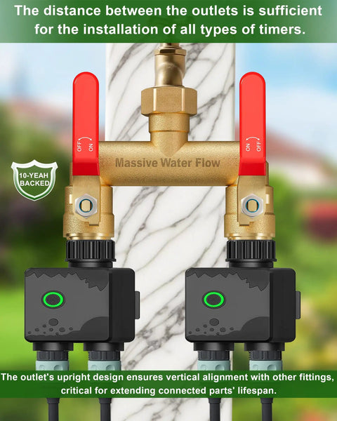 Beefy 2 Way Hose Splitter With Full Flow Design, Long Metal Handles, Brass Rust and Freeze Resistant, Garden Water Splitter T Adapter Three Quarter Inch GHT Thread, Red with two timers attached