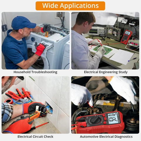 Collage showing Non Contact Voltage Tester and Digital Multimeter Combo used in various electrical settings