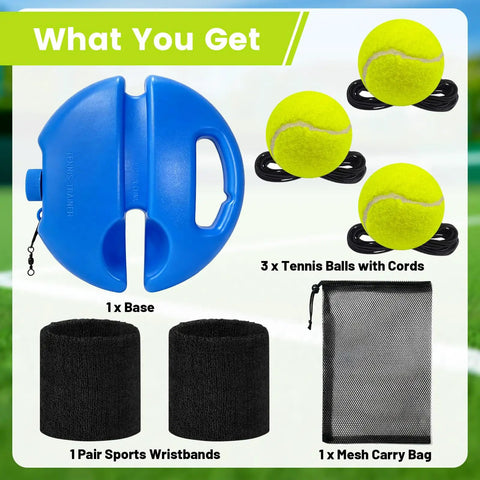 Solo Tennis Practice Kit with Rebounder Ball Set and 3 Training Balls, Wristband, Mesh Bag for Indoor Outdoor Tennis Trainer