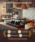 Heavy Duty 12 Cup Pour Over Coffee Maker With Three Lower Warmers Stainless Steel Commercial Brewer For Offices And Cafes Plug And Play Operation Glass Carafe Not Included on a counter in a cozy cafe.