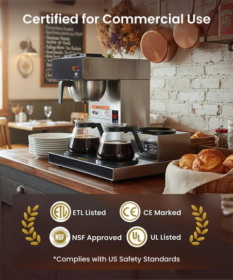 Heavy Duty 12 Cup Pour Over Coffee Maker With Three Lower Warmers Stainless Steel Commercial Brewer For Offices And Cafes Plug And Play Operation Glass Carafe Not Included on a counter in a cozy cafe.