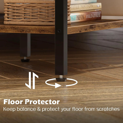 Close-up of bottom corner of modern nightstand with charging station, showing rustic brown and black finish with floor protector detail.