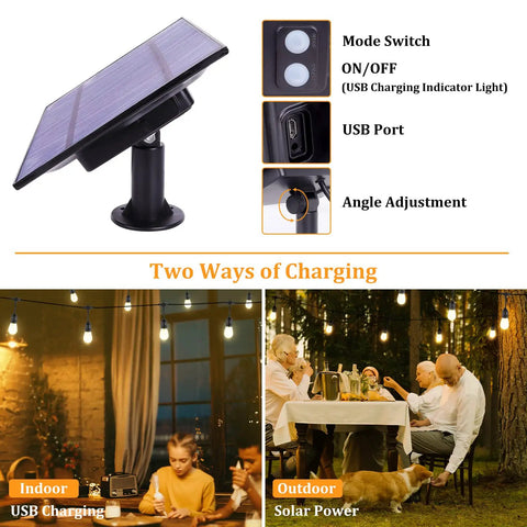 Outdoor Solar Lights with charging options, USB and solar, shown in indoor and outdoor settings for versatile use.