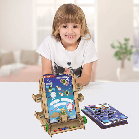 Payload Control Galaxy Quest Hands On STEM Building Kit Fun For Kids 6 7 8 9 10 Plus Educational DIY Wood Craft Set For Boys And Girls Featuring Creative Construction Science Engineering And Space Gravity Experiments, child with assembled board