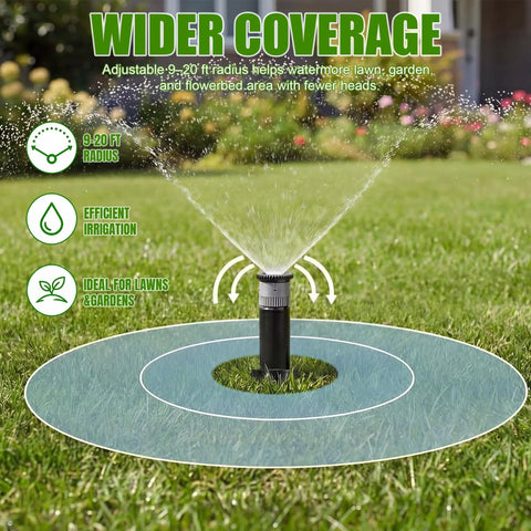 Adjustable Sprinkler Heads 8 Pack For Lawns And Gardens No Sweat Setup Full Circle Rotating Arc Covers Nine To Twenty Feet. A pop-up sprinkler spraying water on a green lawn.
