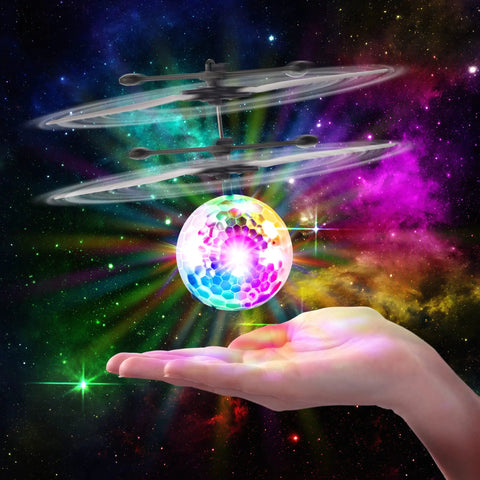 Indoor Hand Operated Flying Orb Ball Toy For Kids With LED Lights Remote Control Mini UFO Drone floating above a hand.