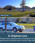 Top view: Wide-angle residential street; Bottom view: Focused car with 3x telephoto lens, using 1080p Indoor Outdoor Security Camera With Color Night Vision Built In Spotlight Motion Detection Two Way Audio Wi Fi Alexa And Google Compatible Free Expert Setup White