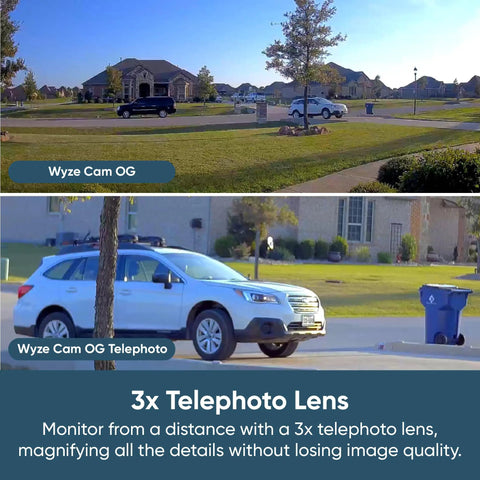 Top view: Wide-angle residential street; Bottom view: Focused car with 3x telephoto lens, using 1080p Indoor Outdoor Security Camera With Color Night Vision Built In Spotlight Motion Detection Two Way Audio Wi Fi Alexa And Google Compatible Free Expert Setup White