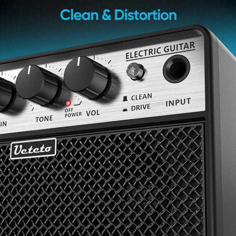 Close-up of control knobs on 10W Mini Guitar Amp Portable Practice Amplifier With Rechargeable Battery Clean And Drive Channels