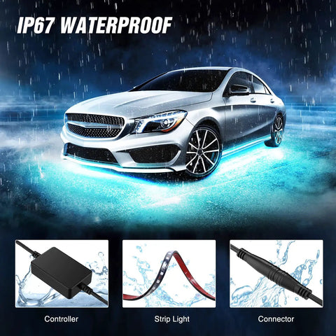 Car with Dope Car Underglow Neon Accent Strip Lights With 252 LEDs RGB glowing in rain, showing waterproof feature with parts.