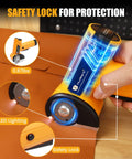 Mulwark 4.2V Electric Scissors Cordless Box Cutter with LED display, safety lock, and battery on leather surface.