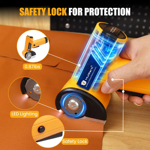 Mulwark 4.2V Electric Scissors Cordless Box Cutter with LED display, safety lock, and battery on leather surface.