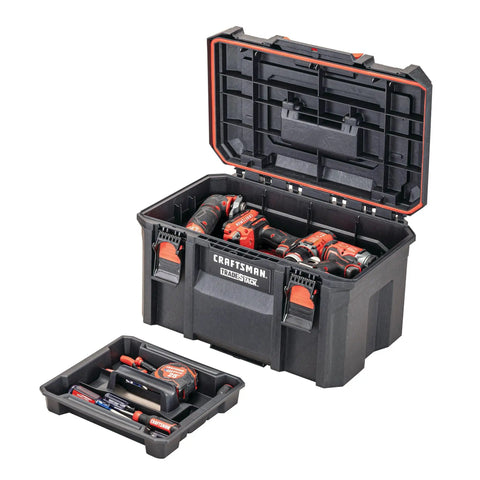 TradeStack 21 Inch Waterproof Tool Box With Lockable Stackable Design open with removable tray and power tools visible