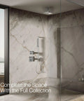 Honesty Square Rain Shower Head 8 Inch in modern bathroom setting with marble walls and large window, 2.5 GPM coverage.