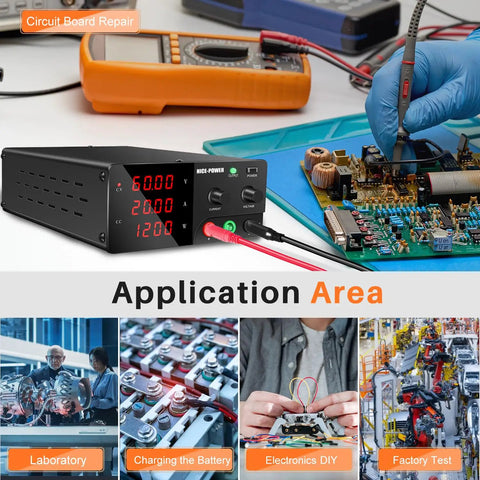 High Power DC Bench Power Supply 0-60V 0-20A 1200W With Encoder Knob And Output Switch Adjustable Regulated For Repair And Test Benchtop Power Source Black, used for circuit board repair