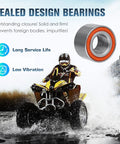 Sealed wheel bearing with orange seal for ATV/UTV front wheel; close-up view