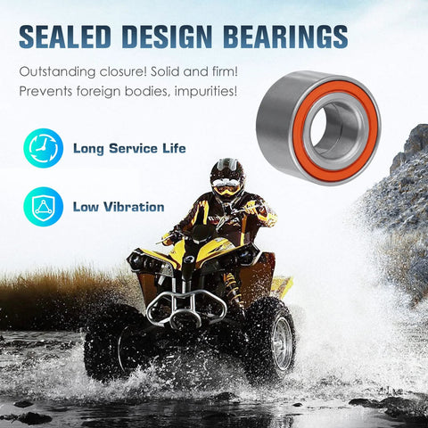Sealed wheel bearing with orange seal for ATV/UTV front wheel; close-up view