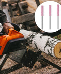 24 Piece Chainsaw Sharpening Bits Set In 5/32 Inch, 3/16 Inch, And 7/32 Inch for polishing and grinding chains, visible on log