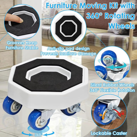 Heavy Duty Furniture Sliders And Moving Dollies With 360 Degree Swivel Wheels showing anti-slip pad and rotating wheels.