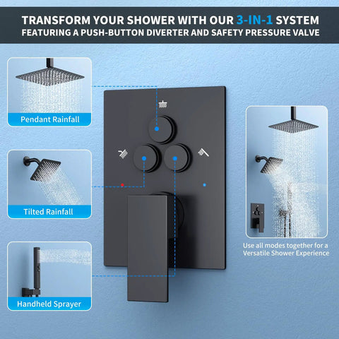 Matte Black Shower System With Push Button Diverter Easy Install Three Mode Rainfall Ceiling Mount 10 Inch Shower Head