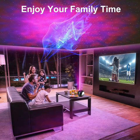 Family enjoying Star Projector Galaxy Light 3D Aurora Night Sky Projector, 4 In 1 Multifunction with remote in living room.