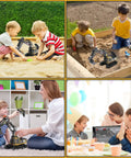 Kids playing with 11 Channel Remote Control Excavator Toy for Boys with Lights and Dual Batteries in sandbox and indoor settings.
